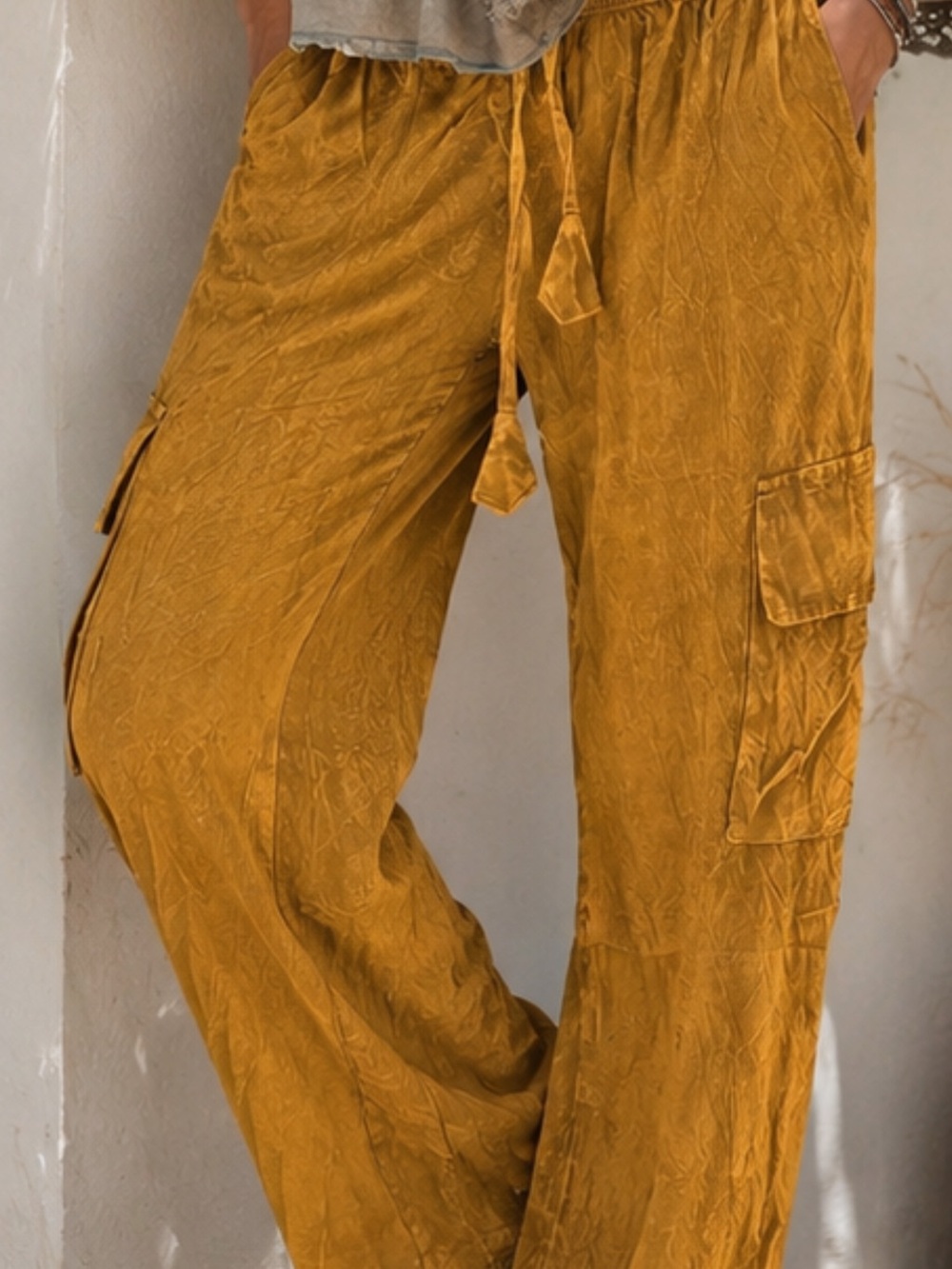 Rhea Mustard Cargo Wide-Leg Drawstring Pants